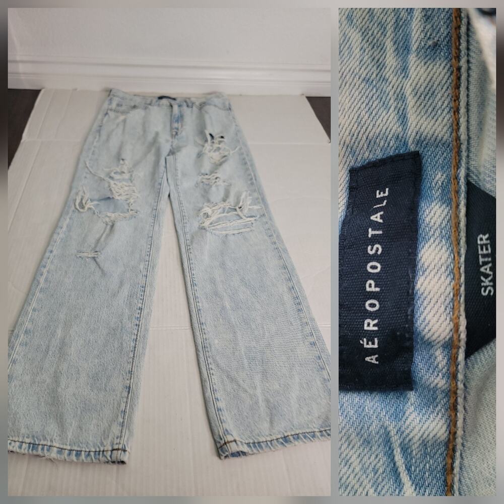Aeropostale Jeans Women 4 Skater Relaxed Baggy Distressed Whiskered Acid Wash